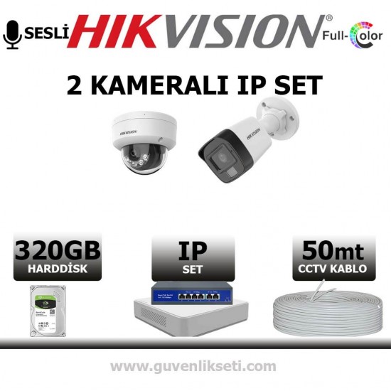 Hikvision 2MP IP kamera seti gece renkli sesli bullet dome PoE sistem